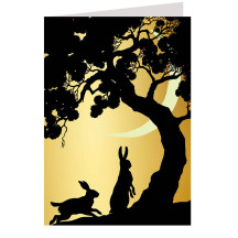 Gold Foil Rabbits Under a Tree Christmas Card ~ England